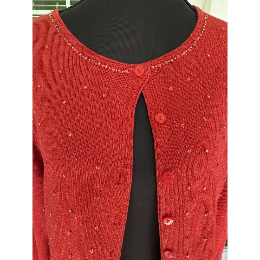 Y2K Red Sparkle Beaded Sequins Button Up Sweater Sz L Cardigan Silk Blend - Picture 5 of 10